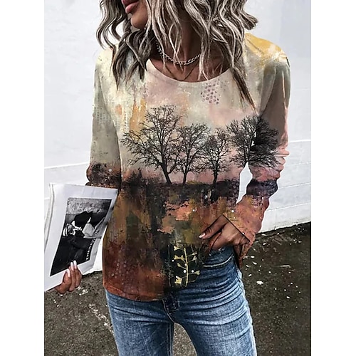 

Damen T Shirt Weiß Gelb Rosa Blumen Bedruckt Langarm Täglich Wochenende Basic Rundhalsausschnitt Regular Fit Blume Farbe