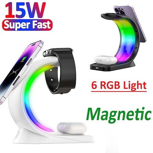 

Soporte de cargador inalámbrico magnético led rgb 4 en 1 para iphone 14 13 12 pro max 15w estación de carga rápida para airpods apple watch 7 6