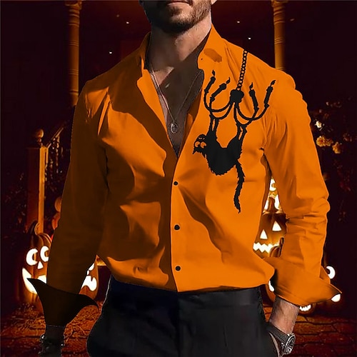 

Herren Hemd Katze Grafik-Drucke Umlegekragen Schwarz Orange Outdoor Halloween Langarm Bedruckt Bekleidung Modisch Strassenmode Designer Brautkleider schlicht