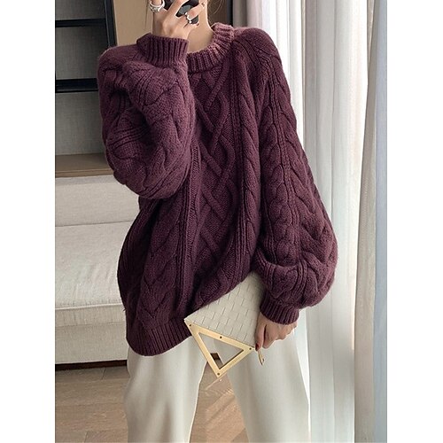 Women's Pullover Sweater Jumper Crew Neck Cable Knit Knit