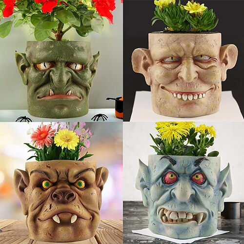 

Macetas con cara de cabeza de Halloween, plantas suculentas, jarrón de resina de jardín, adornos artesanales de resina para patio, césped, decoración de arte de patio