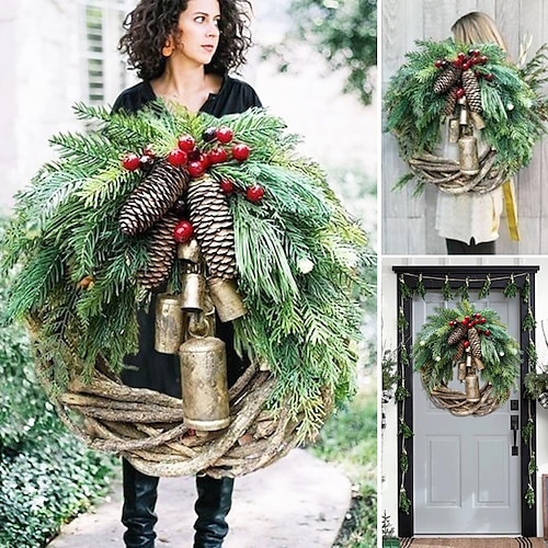

Christmas Wreath Boho Wreath, 21.6'' Artificial Golden Bell Wreath, Xmas Tree Front Door Hanging Garland, Handmade Pine Ring Grapevine Wreath, Celebration Xmas Decor