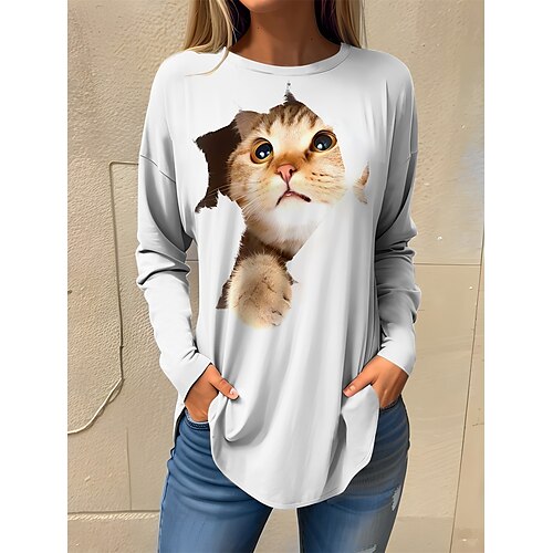 

Femme T shirt Tee Blanche Chat 3D Imprimer manche longue du quotidien Fin de semaine du quotidien basique Col Rond Standard Chat 3D Peinture Automne hiver