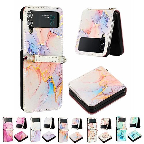 

Handy Hülle Handyhüllen Für Samsung Galaxy Z Flip 5 Z Flip 4 Z Flip 3 Ledertasche Shutzrahmen Muster mit verstellbarem Umhängeband Graphic Marmor TPU PC PU-Leder