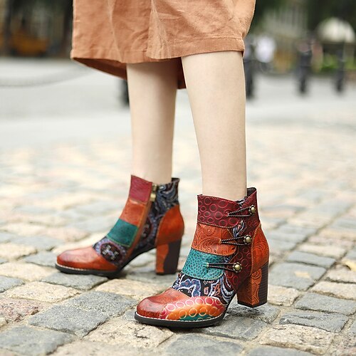 

Damen Stiefel Stiefeletten Handgefertigte Schuhe Täglich Stiefeletten Stiefeletten Winter Reißverschluss Knopf Blockabsatz Runde Zehe Vintage Schafspelz Reißverschluss Geometrisch Farbblock Braun