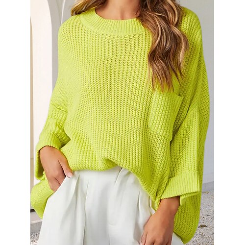 

Women's Pullover Sweater Jumper Jumper Ribbed Knit Pocket Oversized Solid Color Crew Neck Stylish Casual Outdoor Daily Fall Winter Yellow Red S M L