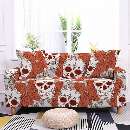 

Halloween Skull Sofa Cover Stretch Slipcovers Soft Durable Couch Cover 1 Piece Spandex Fabric Washable Furniture Protector fit Armchair Seat/Loveseat/Sofa/XL Sofa/L Shape Sofa for Halloween Decoration