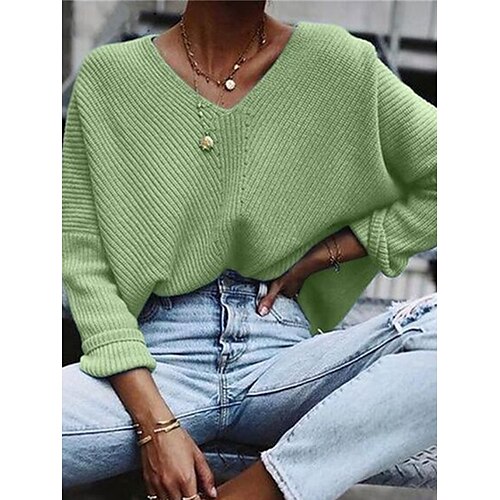 

Pull Maille Femme A côtes Tricoter énorme Couleur unie Col V mode Décontractées Extérieur Intérieur manche longue Automne Hiver Noir Vert S M L