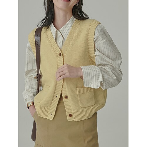 

Women's Sweater Vest Jumper Ribbed Knit Button Pocket Solid Color V Neck Stylish Casual Daily Going out Summer Fall Yellow Gray One-Size