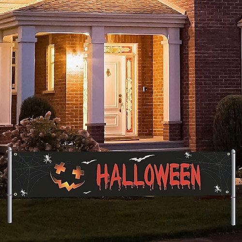 

Happy Halloween Banner- Long Halloween Outdoor Decoration Banner Pumpkin Graveyard Background Party Decoration Supplies for Wall Office Fence Yard Garage Backdrop