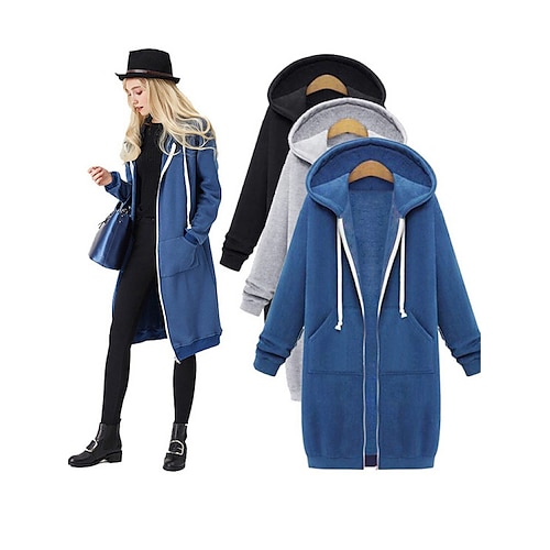 

Women's Coat Fall Hoodie Jacket Sport Outdoor Drawstring Jacket with Poackets Zipper Warm Streetwear Regular Fit Outerwear Long Sleeve Fall Black L