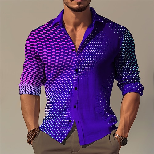 

Men's Shirt Linen Shirt Optical Illusion Turndown Purple Green Outdoor Street Long Sleeve Print Clothing Apparel Linen Fashion Streetwear Designer Casual