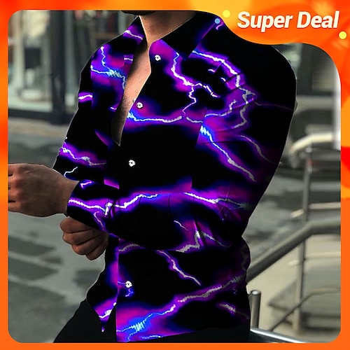 

Hombre Camisa Camisa gráfica Relámpago Cuello Vuelto Amarillo Claro Verde Trébol Azul Piscina Morado Amarillo Impresión 3D Exterior Calle Manga Larga Abotonar Estampado Ropa Moda Design Casual