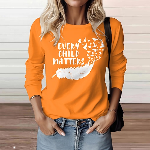 

Femme T shirt Tee Noir Blanche Orange Lettre Plume Imprimer manche longue du quotidien Fin de semaine basique Col Rond Peinture