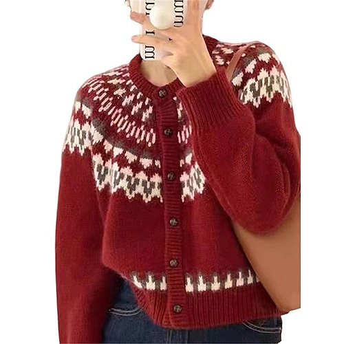 

Pull de Noël moche Gilet Cardigan Maille Femme A côtes Tricoter Patchwork Bouton Géométrique Col Ras du Cou mode Décontractées Noël du quotidien manche longue Automne Hiver Rouge bleu marine Taille