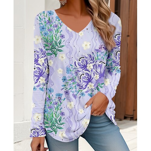 

Women's T shirt Tee Pink Blue Purple Floral Print Long Sleeve Daily Weekend Basic V Neck Regular Fit Floral Painting