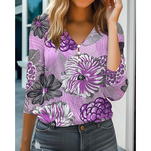 

Damen T Shirt Gelb Rosa Blau Blumen Bedruckt Langarm Festtage Wochenende Basic V Ausschnitt Blume Farbe