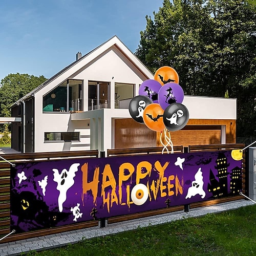 

Happy Halloween Banner- Long Halloween Outdoor Decoration Banner Pumpkin Graveyard Background Party Decoration Supplies for Wall Office Fence Yard Garage Backdrop