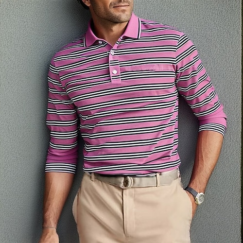 

Herren poloshirt Golfhemd Geknöpftes Poloshirt Atmungsaktiv Schnelltrocknend Feuchtigkeitsableitung Langarm Golfbekleidung Golfkleidung Regular Fit Streifen Frühling Herbst Tennis Golfspiel Pickleball