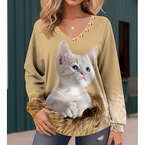 

Damen T Shirt Gelb Katze Bedruckt Langarm Täglich Wochenende Basic V Ausschnitt Regular Fit 3D Cat Farbe