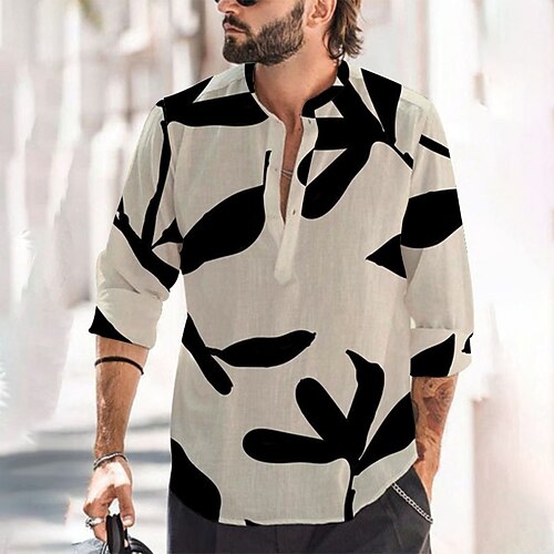 

Men's Shirt Linen Shirt Floral Stand Collar Khaki Outdoor Street Long Sleeve Print Clothing Apparel Linen Fashion Streetwear Designer Casual