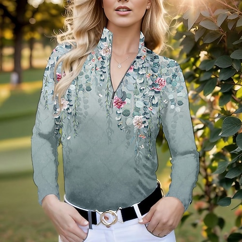 

Damen poloshirt Golfhemd Atmungsaktiv Schnelltrocknend Feuchtigkeitsableitung Langarm Golfbekleidung Golfkleidung Regular Fit Zip Stehkragen Blumen Frühling Herbst Tennis Golfspiel Pickleball