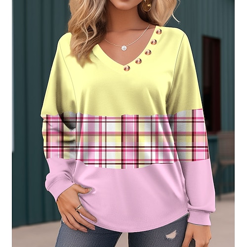 

Damen T Shirt Gelb Rosa Blau Plaid Bedruckt Langarm Täglich Wochenende Basic V Ausschnitt Farbe