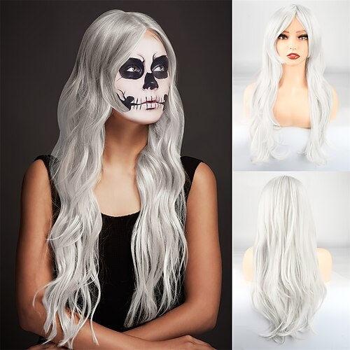 

1 Stück Damen-Halloween-Perücke, weiße lange Perücke, lockiges Haar, geeignet für Cosplay, Alltag, Party