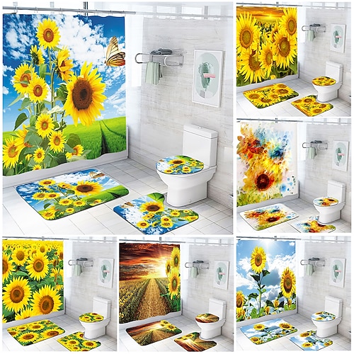 

Rideau de douche fleurs soleil avec crochets décor de salle de bain ensemble de rideau de douche en tissu imperméable avec 12 crochets en plastique