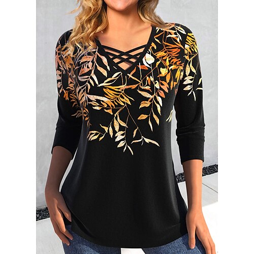 

Women's T shirt Tee Black Leaf Print Long Sleeve Holiday Weekend Basic V Neck Regular Fit Floral Painting