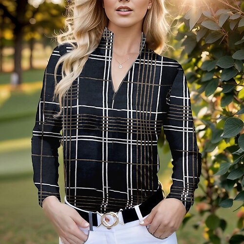 

Damen poloshirt Golfhemd Atmungsaktiv Schnelltrocknend Feuchtigkeitsableitung Langarm Golfbekleidung Golfkleidung Regular Fit Zip Stehkragen Plaid Frühling Herbst Tennis Golfspiel Pickleball