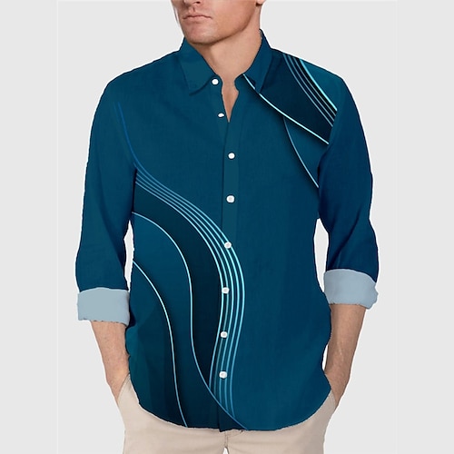 

Hombre Camisa Bloque de color Estampados Geometría Cuello Vuelto Azul Piscina Exterior Calle Manga Larga Estampado Ropa Moda Ropa de calle Design Casual