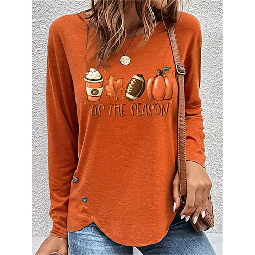 

Damen T Shirt Halloween-Shirt Orange Graphic Kürbis Bedruckt Langarm Halloween Wochenende Basic Rundhalsausschnitt Regular Fit Farbe Herbst Winter