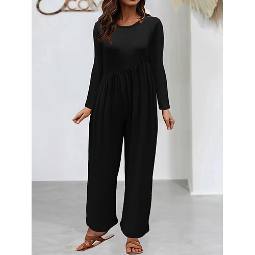 

Damen Jumpsuit Tasche Feste Farbe Rundhalsausschnitt Strassenmode Brautkleider schlicht Strasse Täglich Gerade Regular Fit Langarm Schwarz Gelb Rote S M L XL Herbst