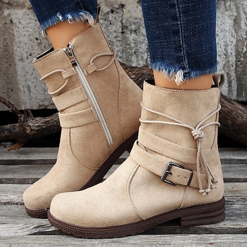 

Mujer Botas Zapatos de gamuza Tallas Grandes Botas de invierno Exterior Trabajo Paseo Botines Botines Invierno Talón de bloque Tacón Bajo Dedo redondo Vintage Moda Elegante Ante Cordones Color sólido