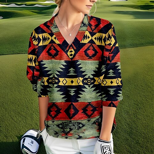 

Femme Pull de golf Sweat Golf Chaud Respirable Evacuation de l'humidité manche longue Vêtements d'extérieur de golf Top Standard Col en V Géométrie Printemps Automne Tennis Le golf Pickleball