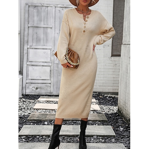 

Mujer Vestido de suéter Puente Estriado Tejer Botón Color puro Cuello Barco Elegante Casual Diario Noche Otoño Invierno Negro Blanco S M L