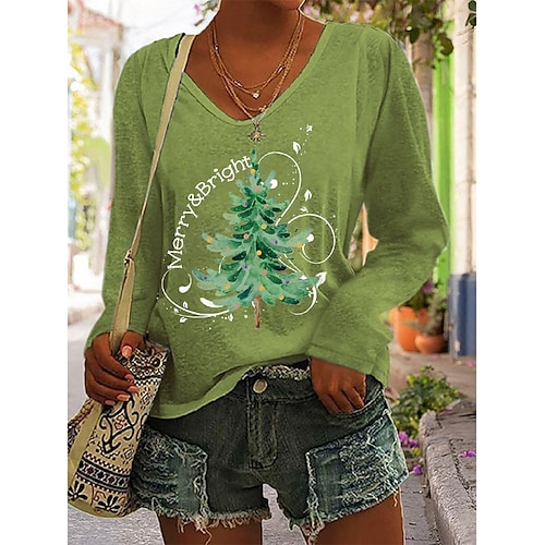 

Damen T Shirt Weihnachts-Shirt Schwarz Weiß Blau Weihnachtsbaum Bedruckt Langarm Weihnachten Wochenende Basic V Ausschnitt Regular Fit Farbe Frühling Herbst