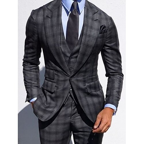 

Dark Gray Men's Wedding Suits 3 Piece Checkered Tailored Fit Single Breasted One-button 2023