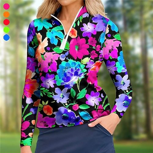 

Women's Polo Shirt Golf Shirt Breathable Quick Dry Moisture Wicking Long Sleeve Golf Apparel Golf Clothes Regular Fit Zipper Stand Collar Printed Spring Autumn Tennis Golf Pickleball