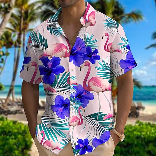 

Men's Shirt Linen Shirt Floral Flamingo Graphic Prints Leaves Turndown Pink Gray Outdoor Street Short Sleeves Print Clothing Apparel Linen Fashion Designer Casual Soft