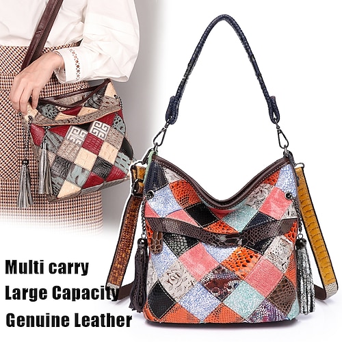 

Femme Sac à main Sac bandoulière sacs baquet Cuir de Vachette du quotidien Vacances Gland Fermeture Grande Capacité Etanche Durable Bloc de couleur Mosaïque Folk Arc-en-ciel