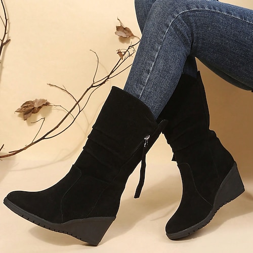 

Women's Boots Suede Shoes Plus Size Height Increasing Shoes Outdoor Work Daily Mid Calf Boots Winter Wedge Heel Round Toe Fashion Elegant Classic Suede Zipper Solid Color Black Brown Khaki