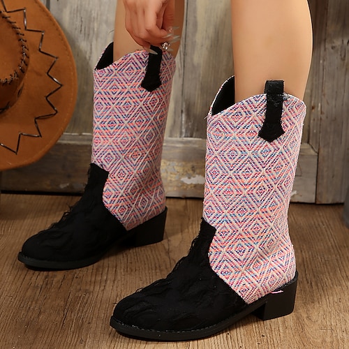 

Women's Boots Cowboy Boots Plus Size Cowgirl Boots Daily Mid Calf Boots Winter Chunky Heel Pointed Toe Vintage Fashion Casual Denim Loafer Embroidered Black Blue Pink