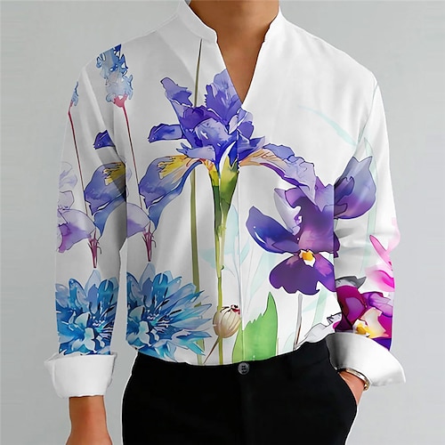 

Homme Chemise Floral Col V Bleu Violet Extérieur Plein Air manche longue Imprimer Vêtement Tenue Mode Vêtement de rue Design Décontractées