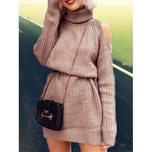 

Women's Sweater Dress Jumper Crochet Knit Cold Shoulder Solid Color Turtleneck Stylish Casual Outdoor Daily Fall Winter Khaki Gray S M L