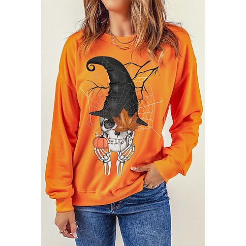 

Damen Sweatshirt Pullover Zur Seite fahren Halloween Sweatshirt Sport Basic Orange Halloween Rundhalsausschnitt Langarm Oberteil Mikro-elastisch Herbst Winter