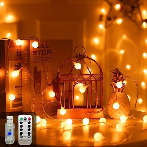 

6,5 m – 50 LEDs/10 m – 100 LEDs, Weihnachts-Lichterkette mit mattierter Kugel, dekorative USB-Fernbedienung mit 8 Funktionen, für Hochzeit, Halloween, dekorative Lichter für den Innen- und