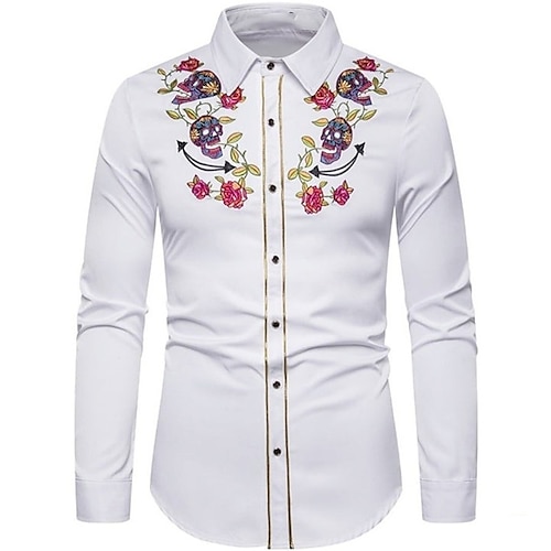 

Hombre Camisa Floral Cráneos Estampados Cuello Vuelto Negro Blanco Azul Marino Exterior Calle Manga Larga Estampado Ropa Moda Ropa de calle Design Casual