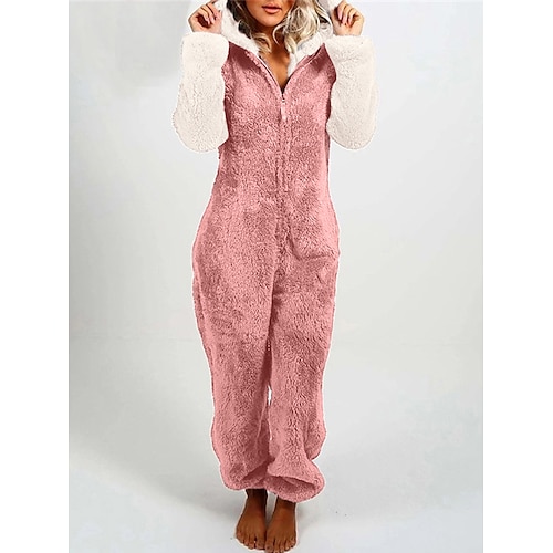 

Women's Jumpsuit Patchwork Color Block Hooded Streetwear Home Daily Loose Fit Long Sleeve Black White Pink S M L Fall